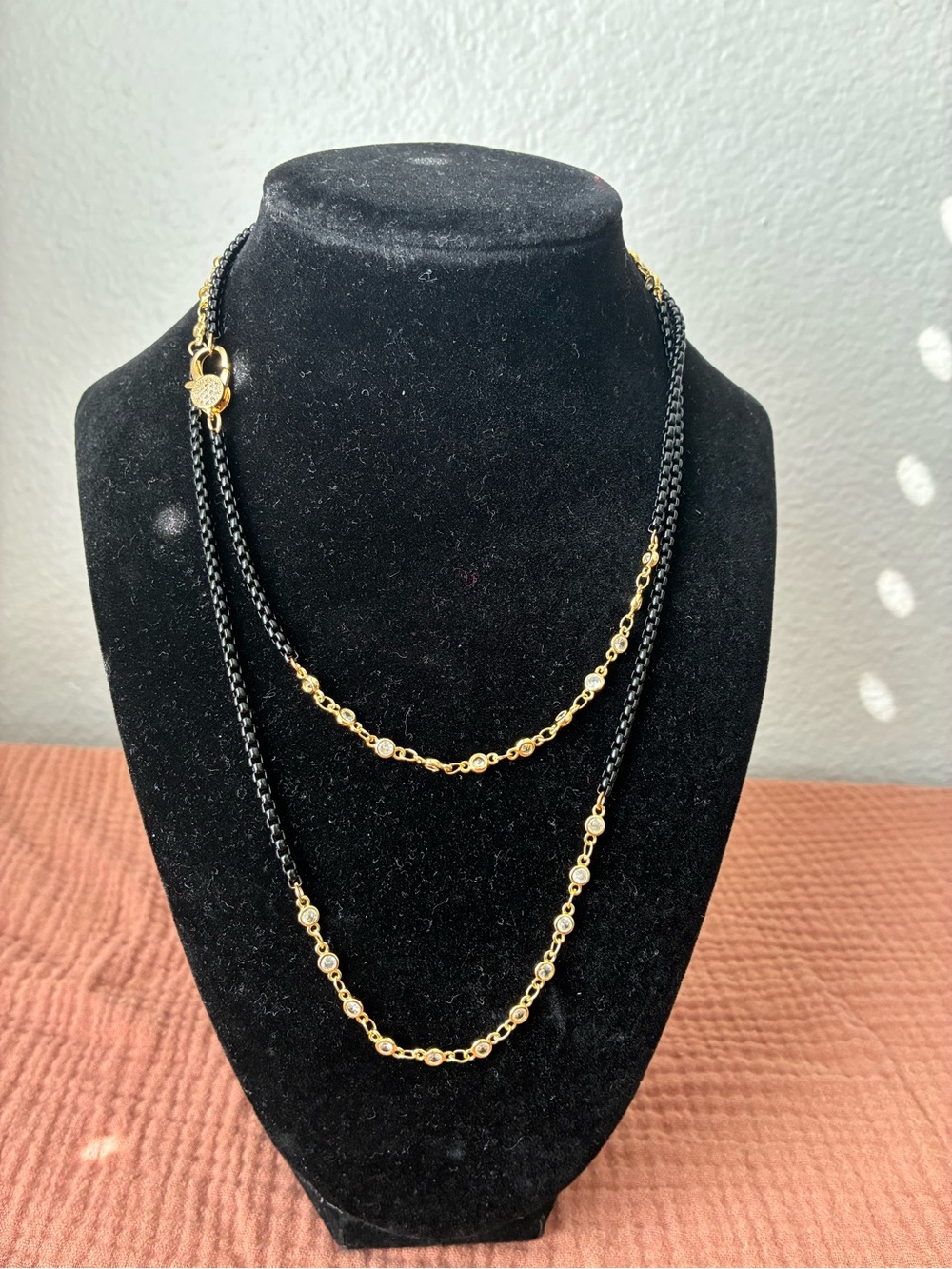Gold and Black Layered Chain Necklace about 33”